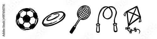 Set of hand-drawn sports and outdoor activity icons featuring a soccer ball, frisbee, racket, jump rope, and kite. Minimalist black and white doodle style perfect for summer fun and recreation.