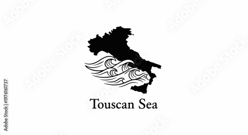 Silhouette of Italy with stylized waves below, text "Touscan Sea