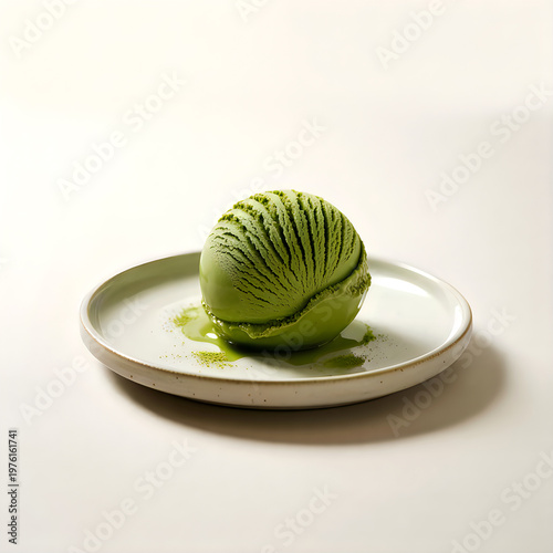 A green ice cream on a white plate