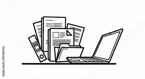 Stack of papers, folders, and a laptop, representing office work