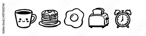 Hand-drawn black and white line art set of morning breakfast icons: cute smiling coffee mug, stack of pancakes, fried egg, toaster with bread, and an alarm clock on a white background.