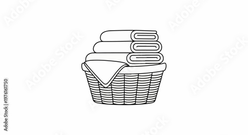 Stacked folded towels in a woven basket, a simple outline drawing