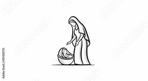 Stylized depiction of a woman in flowing robes gently tending to a baby in a basket