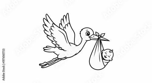 A happy baby is carried by a stork in a bundle as it flies