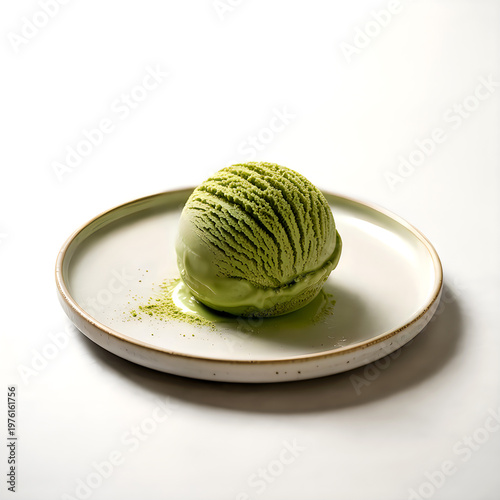 A green ice cream on a white plate