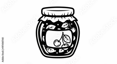Stylized jar of cherry preserves with leaves and fruit