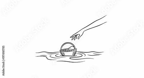 A hand reaches down towards a baby in a basket floating on water