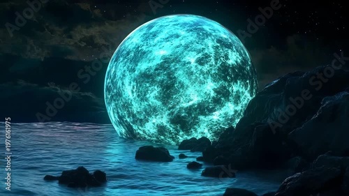 Vivid ocean waves illuminated by a bright azure celestial body at night