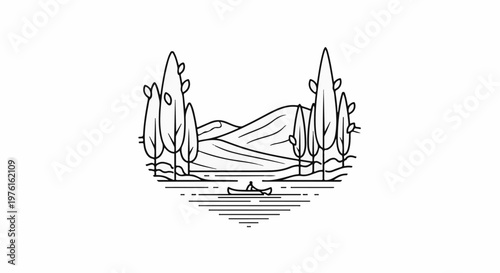 Stylized scene with a person in a canoe on water, trees, and hills