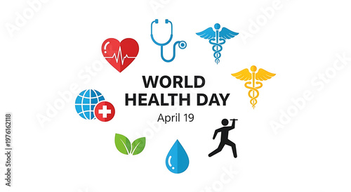 3d A “WORLD HEALTH DAY” graphic displays colorful health-themed symbol arranged around the words “WORLD HEALTH DAY” and the date “April 19.”