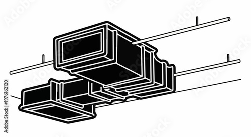 Stylized illustration of ventilation ducts suspended from overhead pipes