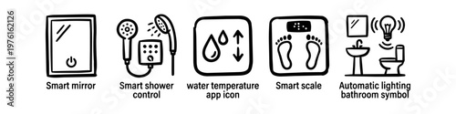 Hand-drawn smart bathroom icons set featuring smart mirror, shower control, water temperature app, smart scale, and automatic lighting. Black and white doodle line art on white background.