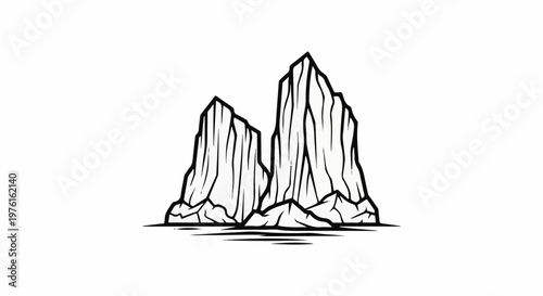 Two sharp, jagged rock formations rise dramatically from calm water