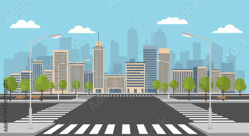 Modern Cityscape with Pedestrian Crossing and Green Trees