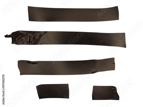 Set of realistic black adhesive tape strips isolated on transparent background. Collection of sticky duct tape pieces with wrinkles, folds and texture. Useful design elements for mockups, scrapbooking