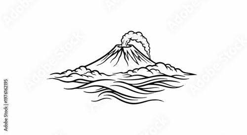 Stylized volcano erupting with smoke above wavy lines representing water