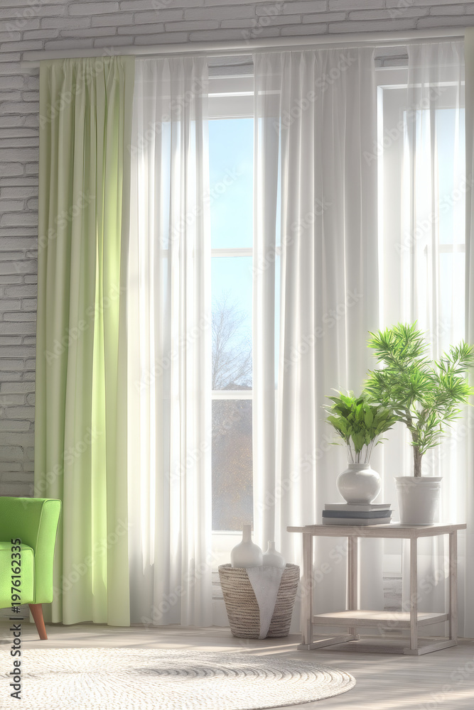 Fototapeta premium professional 3D render illustration of a modern living space. The focal point is a green velvet seat on a circular textured rug. A ZZ plant and minimalist books decorate a side table. The sheer 