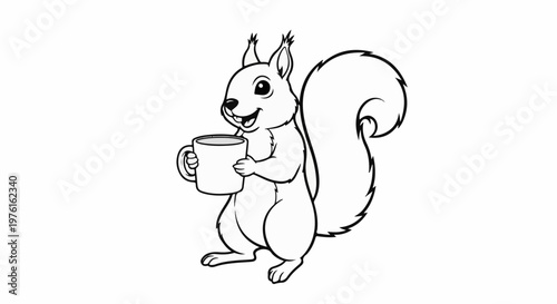 A cheerful cartoon squirrel holds a mug of beverage, its bushy tail curled