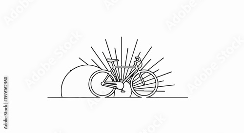 Stylized bicycle silhouette with sunburst and hill element