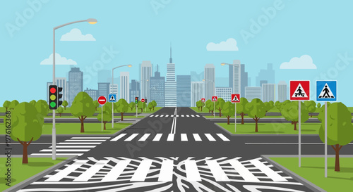 Cityscape with Pedestrian Crossings and Traffic Lights