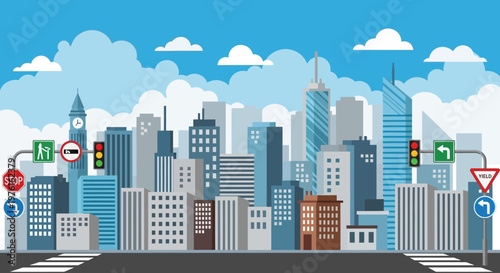 Modern Cityscape with Traffic Lights and Road Signs, Urban Skyline