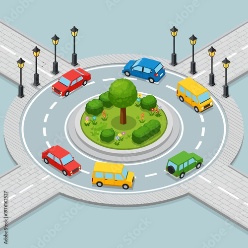 Isometric traffic circle with cars, trees, and streetlights