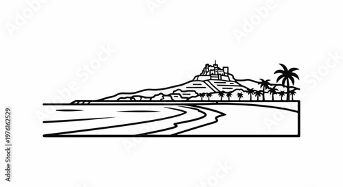 Stylized black and white drawing of a coastal scene with a hill and castle