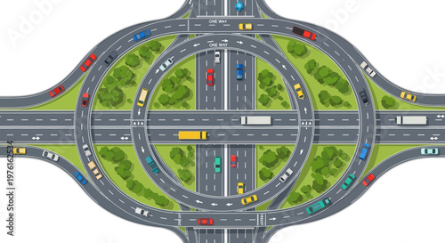 Complex highway interchange with circular ramps and traffic flow, aerial view