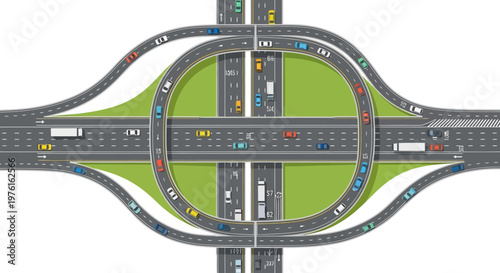 Complex highway interchange with traffic flow, aerial view