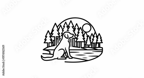 Stylized dog sits by a serene forest lake under a bright full moon