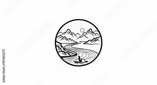 Stylized black ink circular artwork depicts a river, mountains, sun, and a lone fisherman