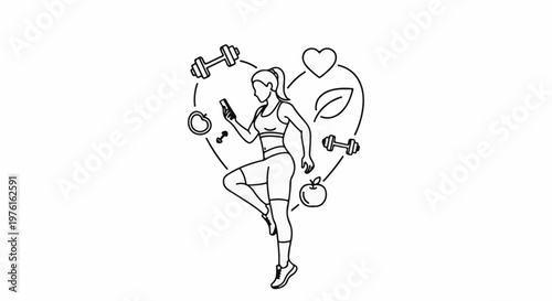 Woman exercising with phone, surrounded by health icons