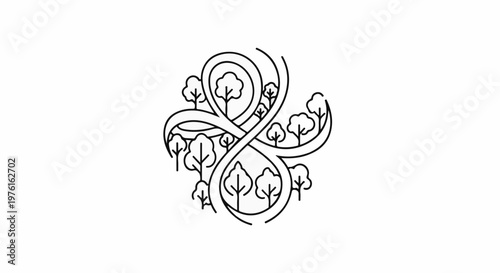 Stylized linear depiction of trees interwoven with abstract organic lines