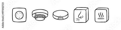 Hand-drawn doodle set of smart home sensor icons including smoke detector, motion sensor, air quality, and temperature monitors. Minimalist black and white line art vector illustration.