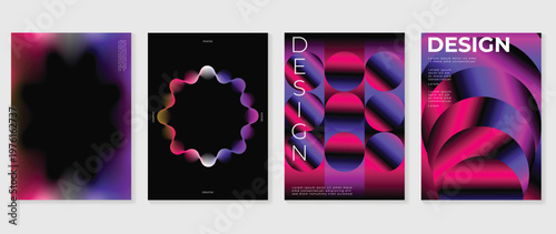 Abstract gradient poster background vector set. Minimalist style cover template with vibrant perspective 3d geometric prism shapes collection. Ideal design for social media, cover, banner, flyer.