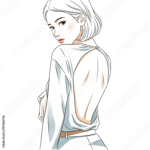 Illustration of a woman with short hair wearing a white top viewed from behind turned sideways
