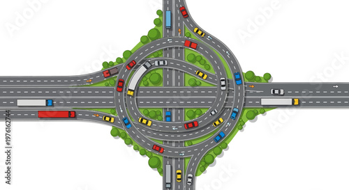 Complex highway interchange with heavy traffic flow, traffic jam, congestion, road junction