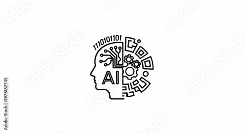 Stylized human head graphic representing AI, with binary code and gears