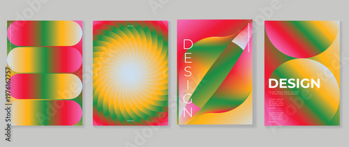 Abstract gradient poster background vector set. Minimalist style cover template with vibrant perspective 3d geometric prism shapes collection. Ideal design for social media, cover, banner, flyer.