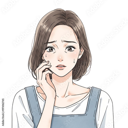 Sad woman crying while talking on phone alone indoors