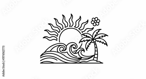 Stylized tropical scene with sun, waves, palm tree, and flower