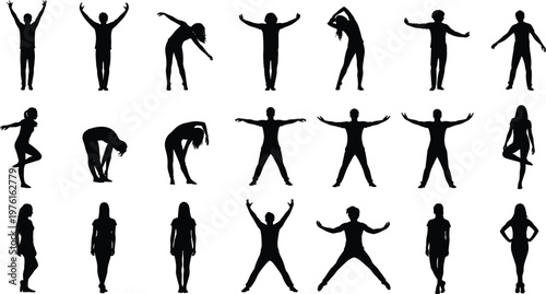 Worker silhouette set featuring men in hard hats using chainsaws in various positions for construction, forestry, and industrial work themes.