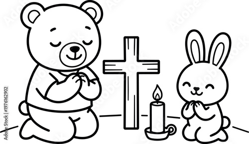 Cute bear and rabbit praying beside cross and candle black and white vector art