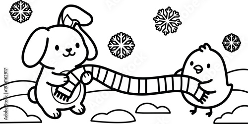 Black and white line art bunny and chick sharing striped scarf with snowflakes