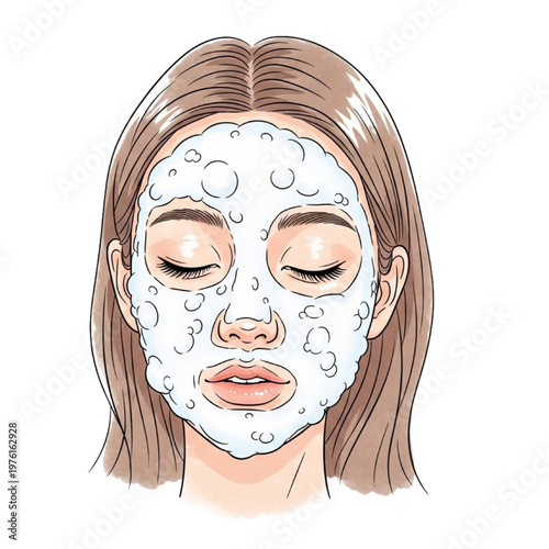 Woman applies facial mask with bubbles on face and closed eyes