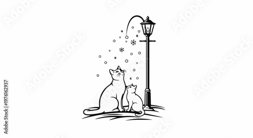 Two cats sit near a lamppost, looking up at falling snowflakes