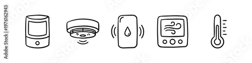 Hand-drawn doodle icons of smart home sensors including motion, smoke, water leak, air quality, and temperature. Minimalist black line art set for home automation and safety systems.