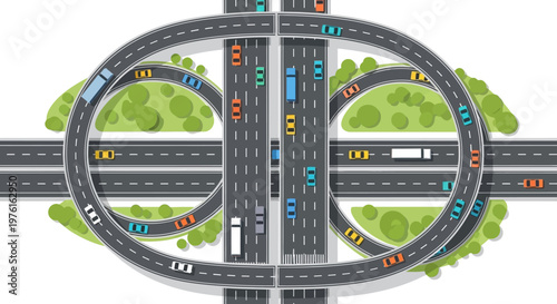 Complex highway interchange with traffic flow, aerial view