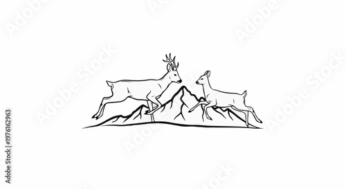 Two deer, one with antlers, leap over mountains in a sketch