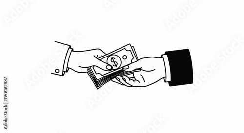 Two hands exchanging a stack of dollar bills